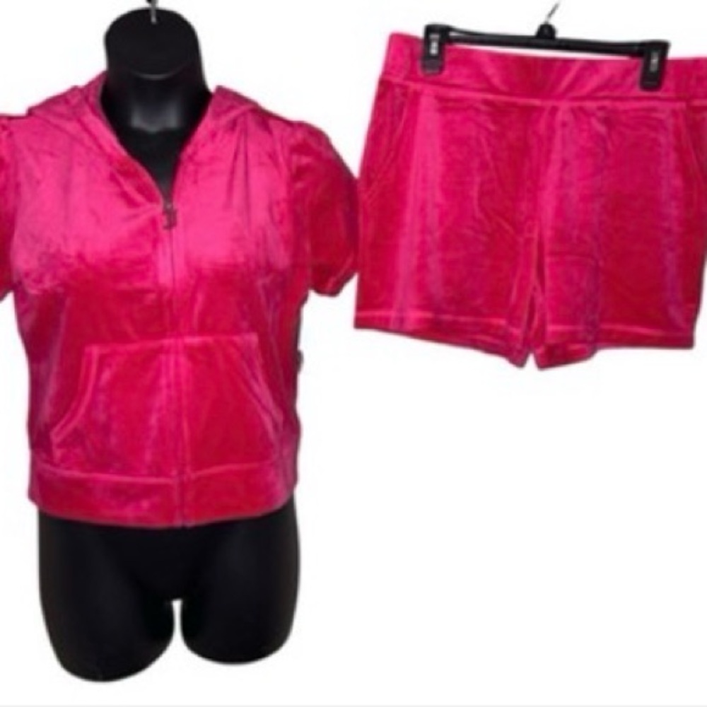 JUICY COUTURE OG BLING RHINESTONE VELOUR VIXEN PINK SHORT-SLEEVE & SHORT SET NWT - Picture 2 of 15